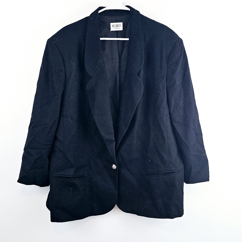 Vintage Koret Women's Black Blazer 100% Merino Wool Lined One Button Classic 22W